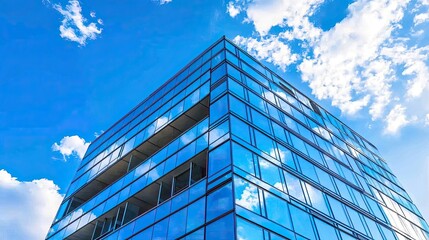 Wall Mural - Modern Glass Building Reflecting Blue Sky and Clouds