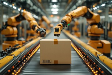 Poster - Robotic arms efficiently handle boxes on a conveyor belt in a busy distribution center, showcasing automation in logistics and packing processes