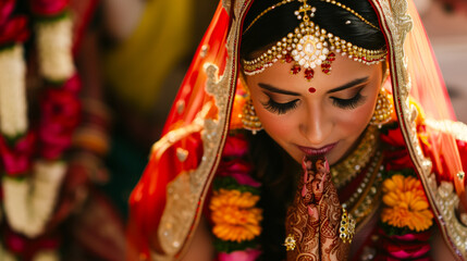 Sticker - Indian wedding Mangalsutra ceremony, bride's eyes closed in prayer as groom ties the mangalsutra