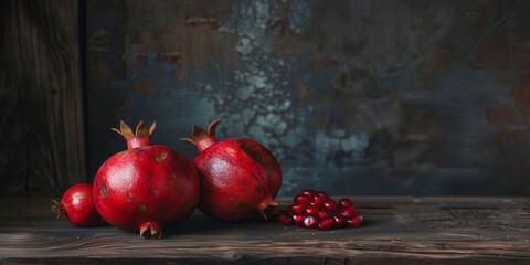 Two ripe pomegranates with scattered seeds on a rustic wooden background, showcasing their vibrant red color and juicy texture. Perfect for use in culinary, healthy eating, and natural food concepts