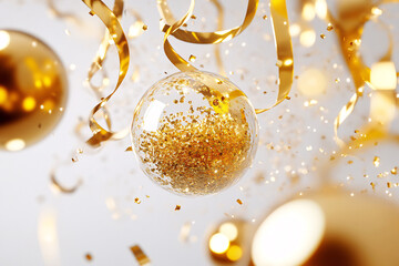 Poster - golden particles and sprinkles for holiday. shiny golden lights. Defocused Golden Particles Glittery against Dark Background with Copy Space.