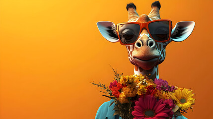 Canvas Print - A cheerful giraffe wearing sunglasses holds a bouquet of colorful flowers against an orange backdrop.