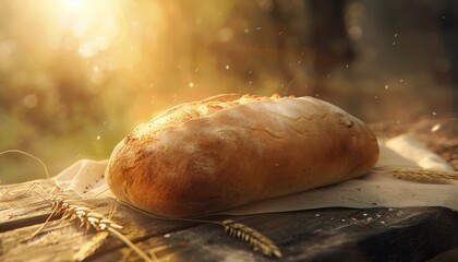 Freshly baked bread on a wooden surface with sunlight filtering through