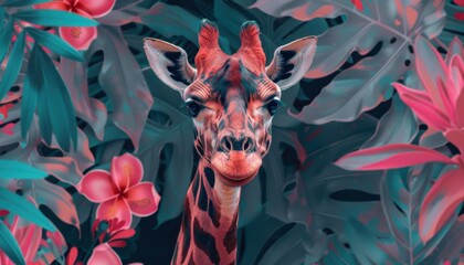 Giraffe surrounded by colorful tropical foliage in an artistic representation