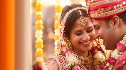 Wall Mural - Indian wedding couple during the varmala ceremony, garland exchange