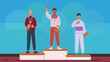 © Saklarboy - Vector Illustration of Male Athletes Celebrate Victory and Receiving Medals on The Podium. Sports Award Ceremony. Winners Podium.