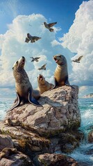 Wall Mural - Three Sea Lions on a Rocky Outcrop with Birds Flying Overhead