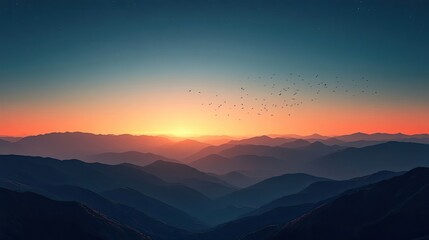 Canvas Print - Silhouetted Mountain Range at Sunset with Birds Flying