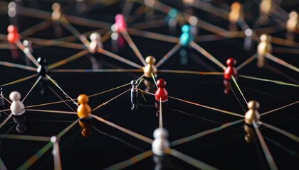 colorful figures connected by rubber bands on a dark background representing networking concepts