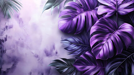 Wall Mural - A vibrant illustration featuring purple tropical leaves against a soft background.