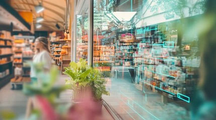 Poster - Blurred View of a Grocery Store Through a Window with a Digital Overlay