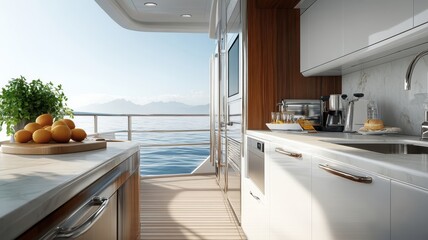 Modern yacht galley with stainless steel appliances and marble countertops.