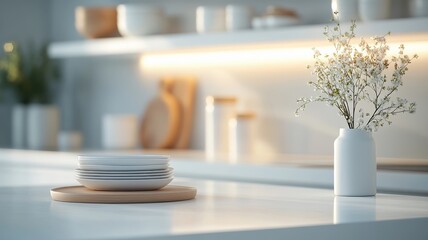 Wall Mural - Minimalist kitchen with white countertops, open shelving, and warm, subtle lighting.