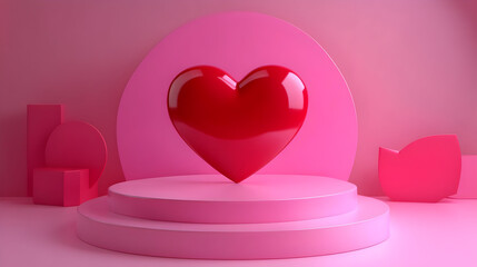 Canvas Print - A stylized pink setting featuring a large red heart on a pedestal, evoking love and affection.