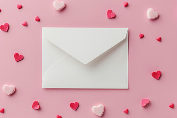 Love letter anniversary celebration, dating romantic invitation postcard note concept. White card paper with with envelope mock up to place text. February 14 valentine greeting card