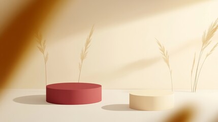 A minimalist scene featuring two circular pedestals in soft colors against a warm backdrop with delicate plant elements.