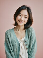 Wall Mural - Beautiful asian woman wearing cardigan in pastel color look with paster background.