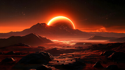 Sticker - A stunning sunset over a rugged alien landscape with mountains and a glowing horizon.