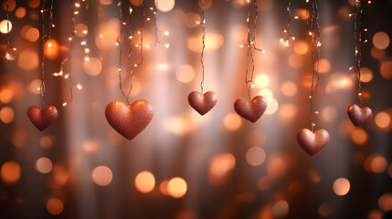 Canvas Print - A romantic scene featuring hanging glittery hearts with a warm, bokeh background.