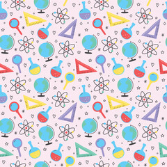 School background with cute cartoon icons. Seamless pattern. Vector illustration