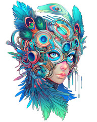 Wall Mural - Beautiful womans face wearing peacock costume illustration