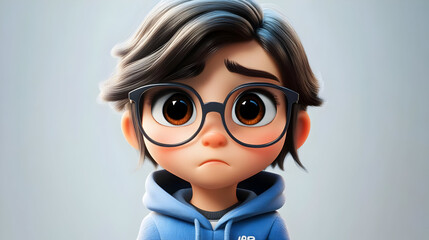 Sticker - A digital illustration of a young person with glasses, looking thoughtful and slightly sad.