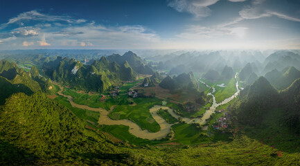 Wall Mural - Aerial view of Phong Nam valley with rice field and karst mountain in Cao Bang, Vietnam