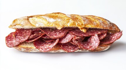 Sticker - Sandwich, salami, white background. Generative AI