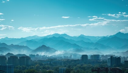 Misty mountain landscape with city skyline under a clear sky