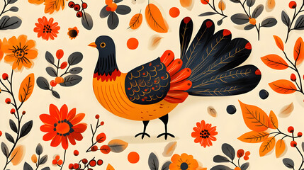 Poster - A colorful illustration of a bird surrounded by floral patterns in warm tones.