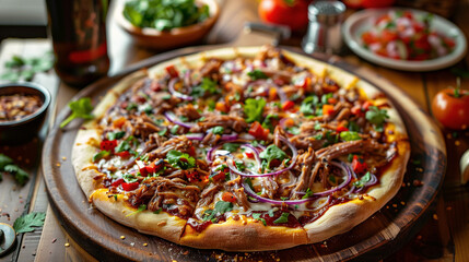 Gourmet pizza with barbecue sauce made from stewed pork, bell and hot peppers, red onions, cheese and herbs