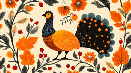 Wall Mural - A colorful illustration featuring a bird among vibrant flowers and leaves.