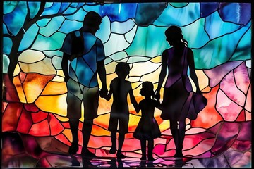 Poster - vibrant glass watercolor a family scene made of vibrant stained