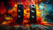 © Siasart Studio - Two black speakers against a vibrant, colorful explosion background.