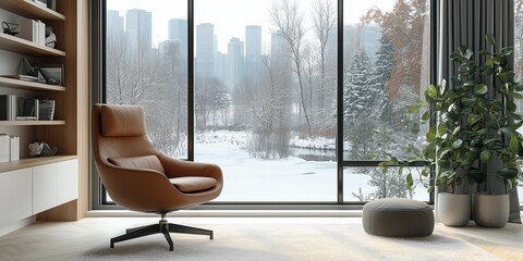 Sticker - Scandinavian Minimalist Home Office with Snowy View, generative ai