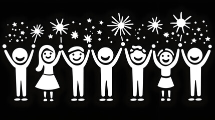 Canvas Print - A group of cheerful stick figures celebrating with sparklers and stars.