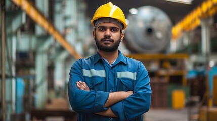 Wall Mural - Proud Indian Worker in Protective Gear Standing Firmly in Industrial Manufacturing Plant