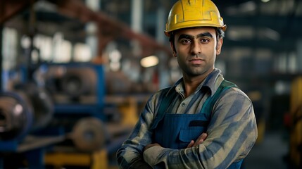 Wall Mural - Confident Male Engineer in Safety Gear Standing with Arms Crossed in Industrial Factory