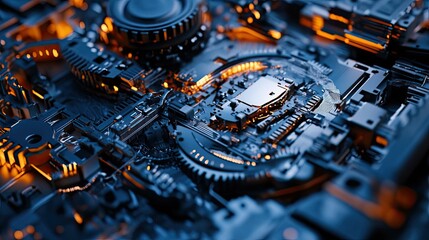 Poster - Close-up of a Detailed Futuristic Circuit Board with Glowing Orange Lines