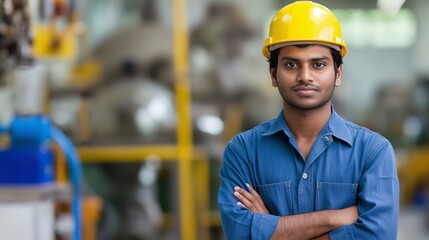 Wall Mural - Confident Indian Industrial Worker in Hard Hat at Manufacturing Plant