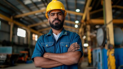 Wall Mural - Confident Indian Industrial Worker in Hard Hat at Manufacturing Plant