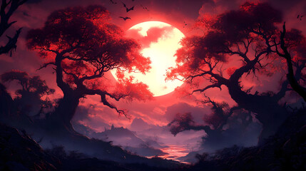 Canvas Print - A mystical landscape featuring a large moon, dark trees, and a dramatic red sky.