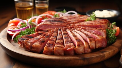 Poster - Bacon ham and steak arranged on a wooden plate viewed from above with space for text  