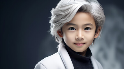 Portrait of a cute handsome happy Asian boy child blond with long white hair and perfect skin, silver background, banner.