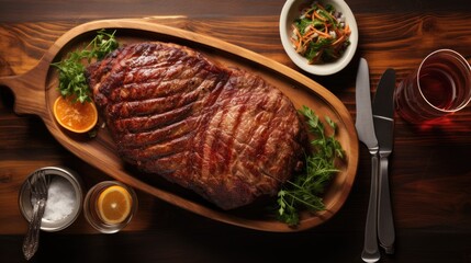 Poster - Bacon ham and steak arranged on a wooden plate viewed from above with space for text  