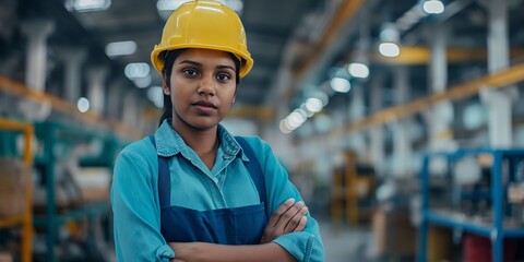 confident Young Indian Female Engineer in Hard Hat and Uniform at Industrial Facility