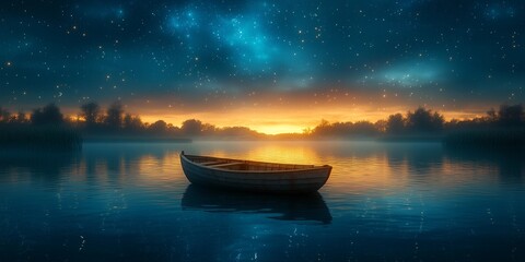 Wall Mural - Serene Night: Empty Wooden Sailing Boat Anchored on a Starry Lake, generative ai