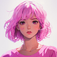 Wall Mural - portrait of anime girl in close-up. Anime girl with beautiful pink hair is smiling happily. Bright colorful abstract background. girl smiles and laughs