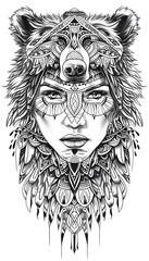 Wall Mural - Tribal Beautiful womans face wearing bear costume illustration