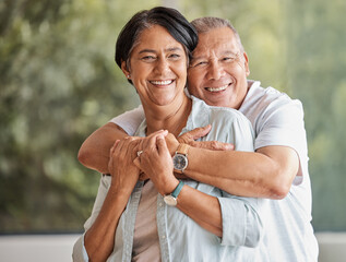 Poster - Hug, portrait and smile with senior couple in sunroom of home together for bonding or romance. Love, security or support with happy elderly man and woman in apartment for retirement or wellness